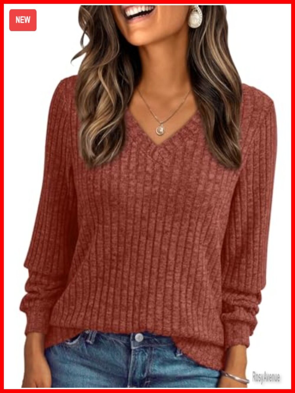 Women's V-Neck Long Sleeve Lightweight Sweater Pullover Fall Top